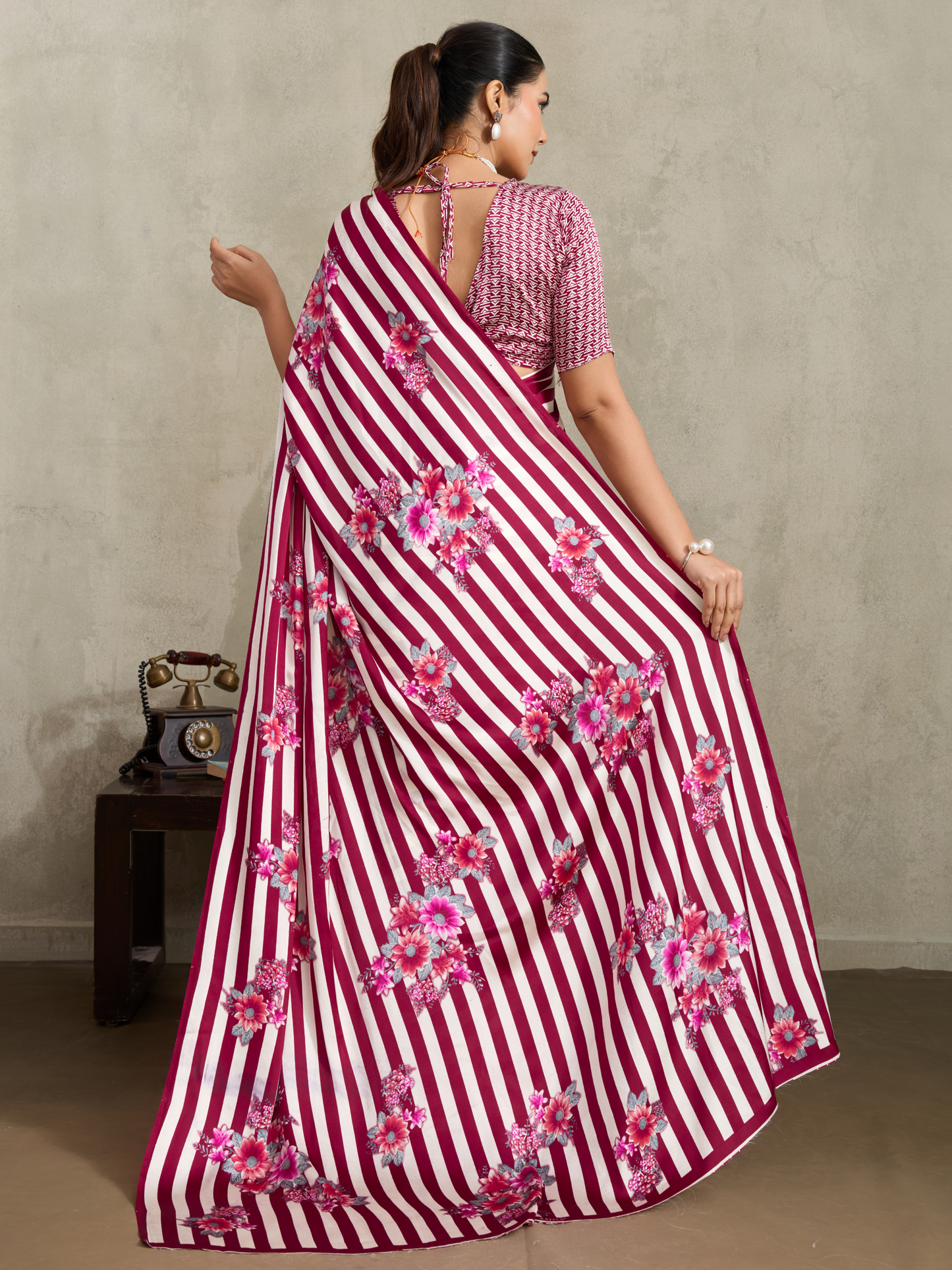 Magenta Pink Printed Satin Silk Saree