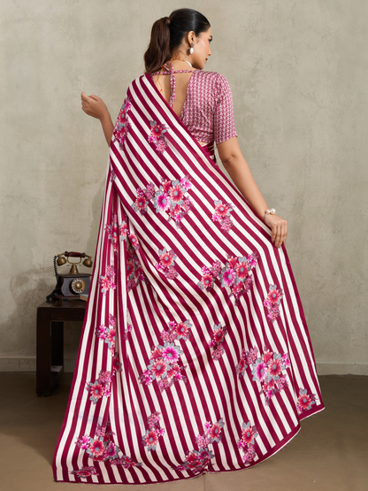Magenta Pink Printed Satin Silk Saree
