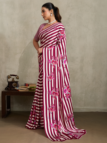 Magenta Pink Printed Satin Silk Saree