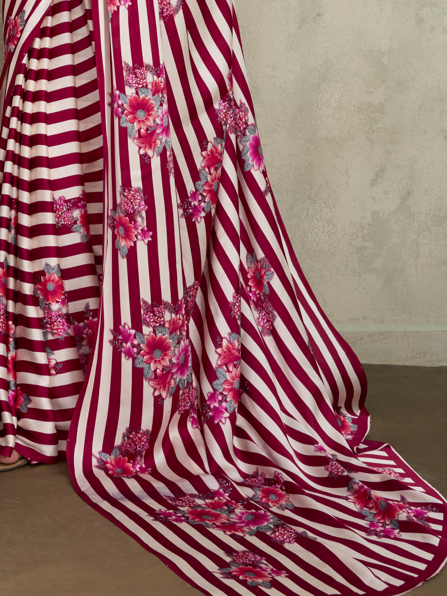 Magenta Pink Printed Satin Silk Saree