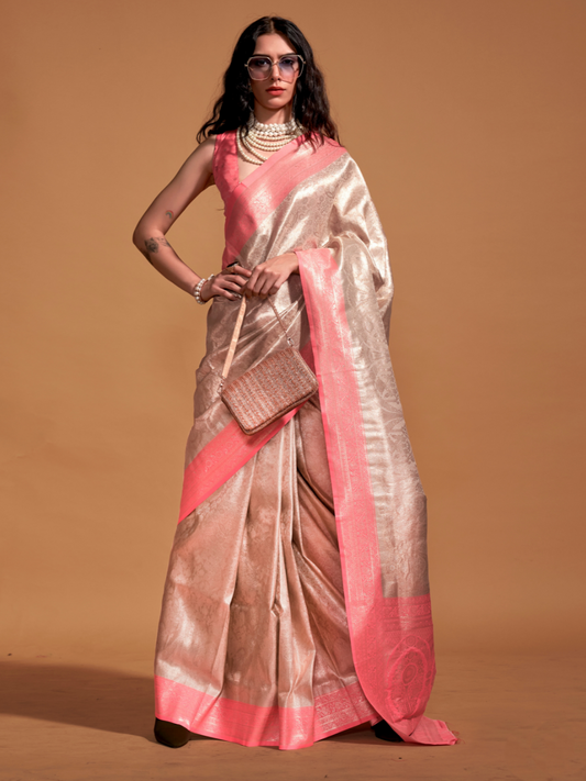 Shimmering Beige and Peach Woven Kanjivaram Silk Saree