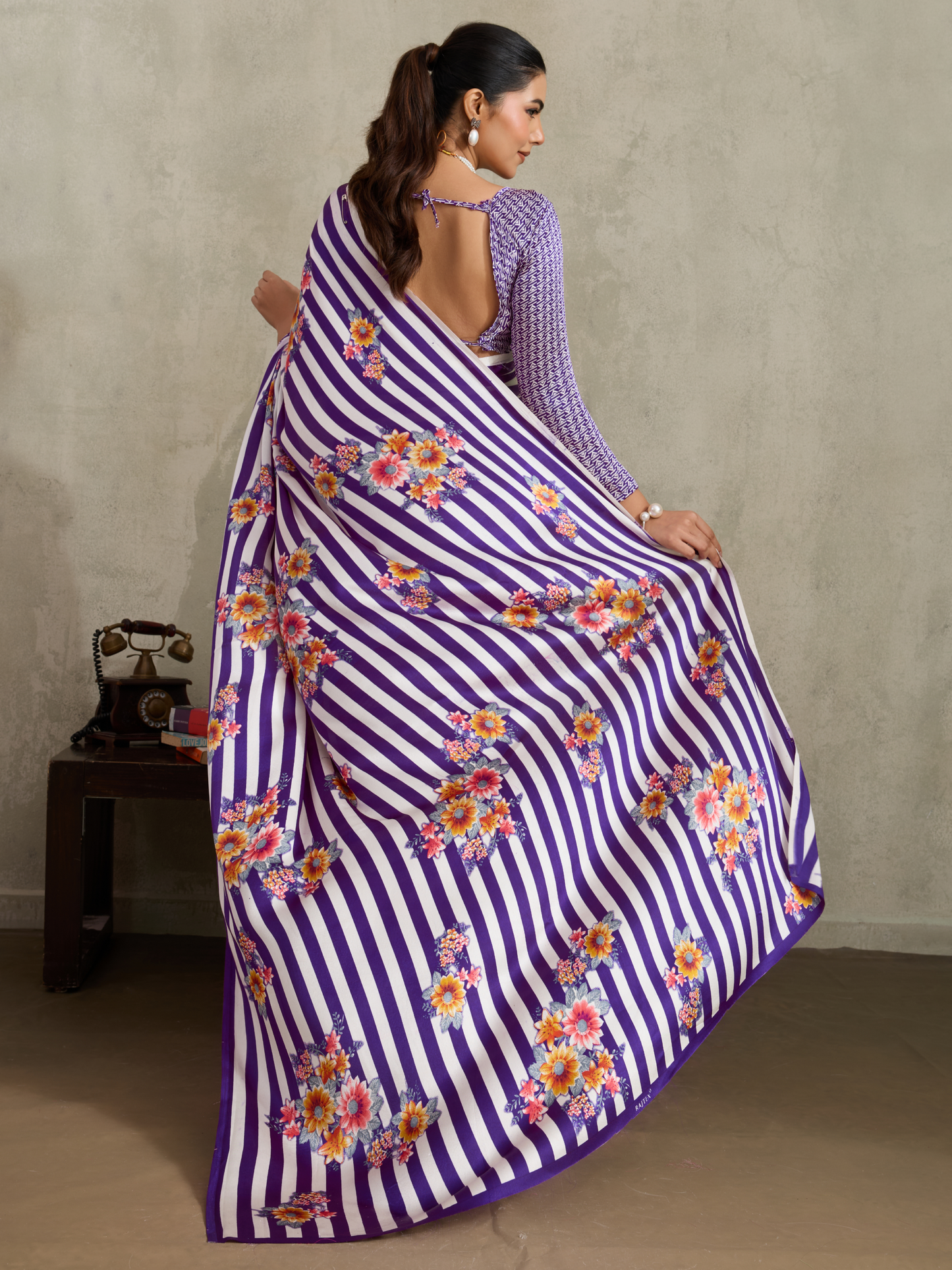 Deep Purple Printed Satin Silk Saree