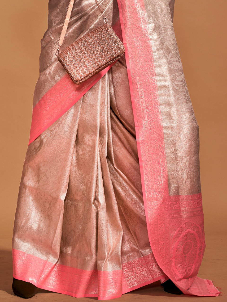 Shimmering Beige and Peach Woven Kanjivaram Silk Saree