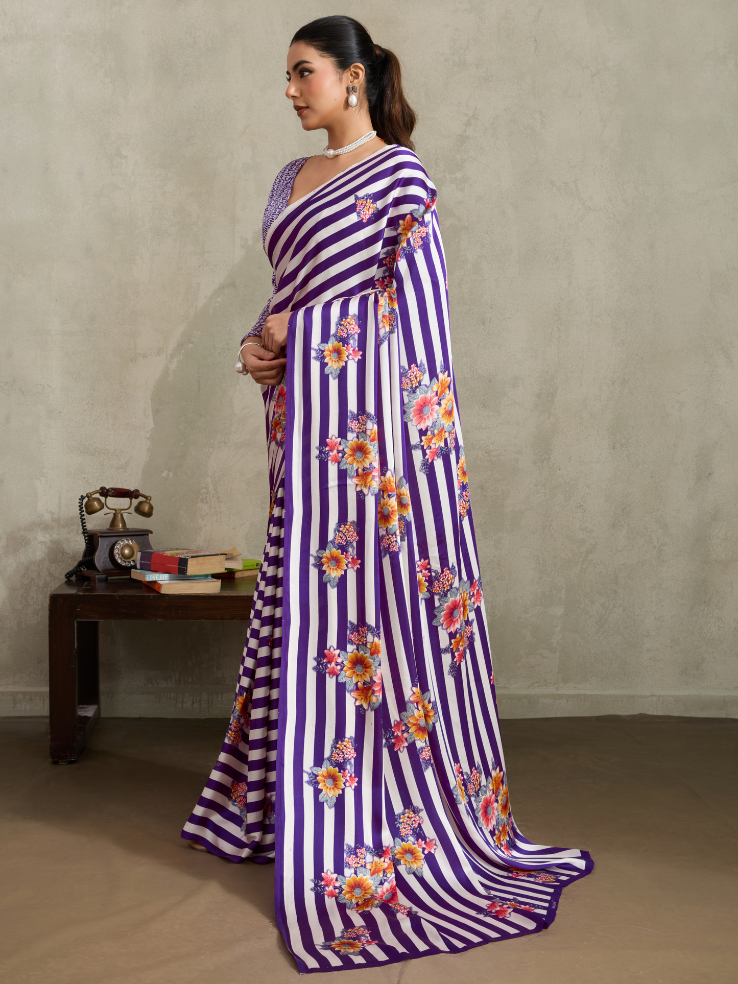Deep Purple Printed Satin Silk Saree