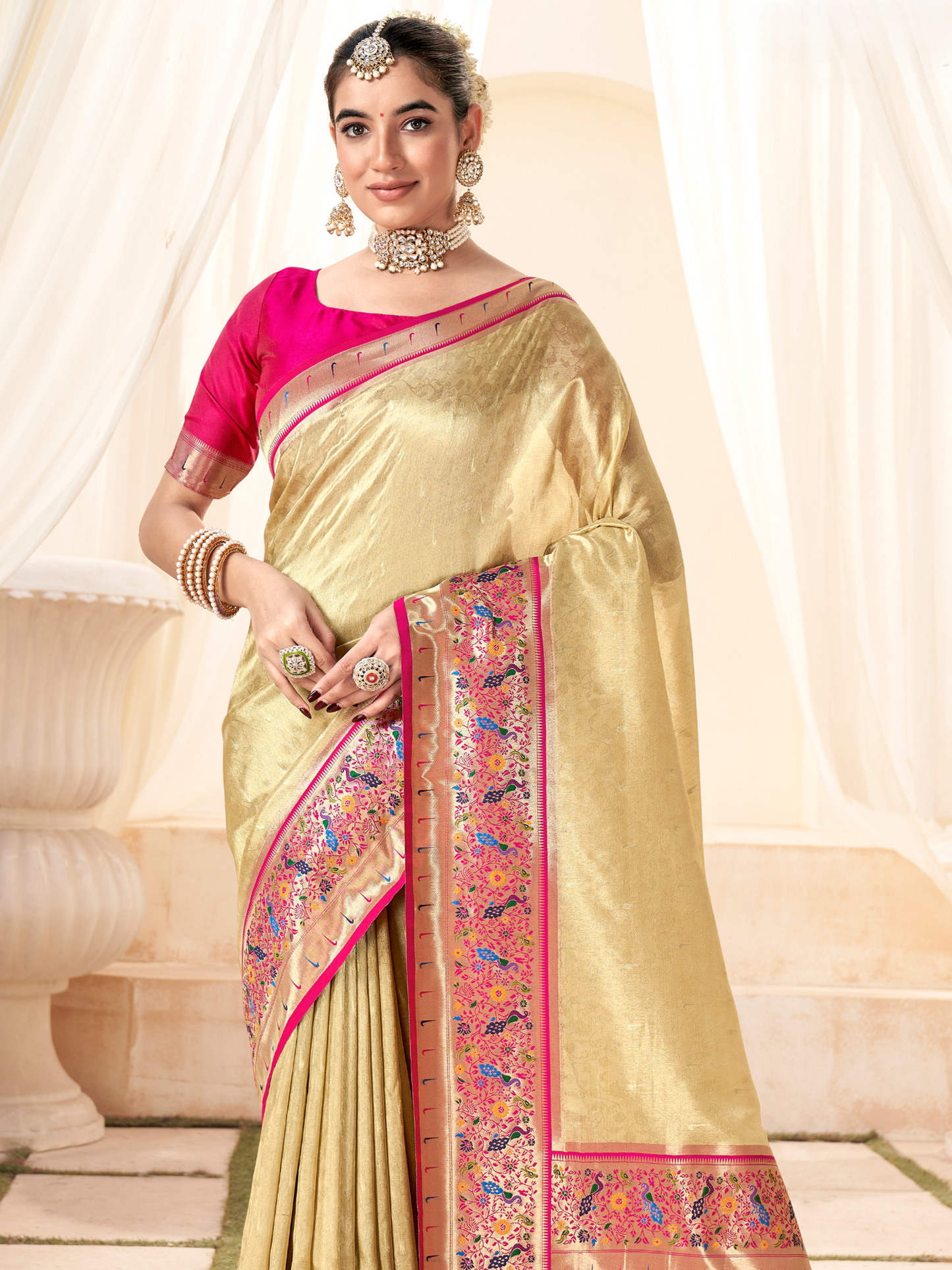 Bisque Beige Woven Paithani Tissue Silk Saree