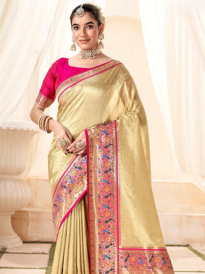 Bisque Beige Woven Paithani Tissue Silk Saree