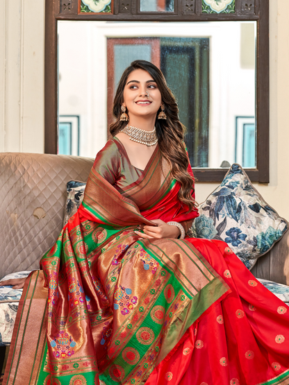True Red Woven Soft Silk Paithani Saree