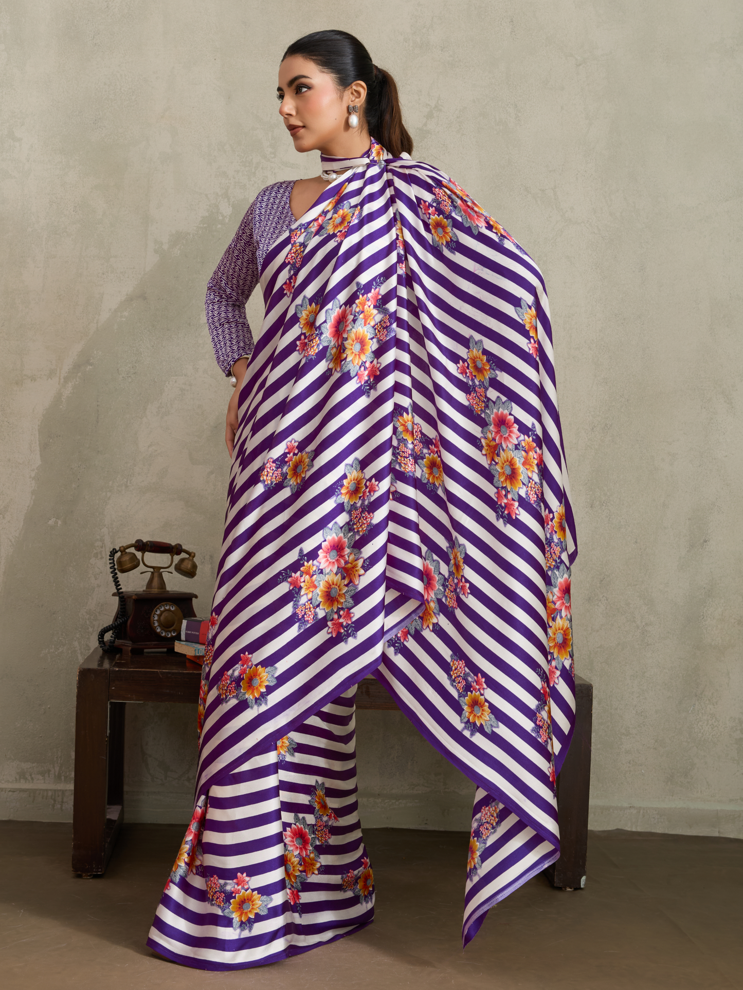 Deep Purple Printed Satin Silk Saree