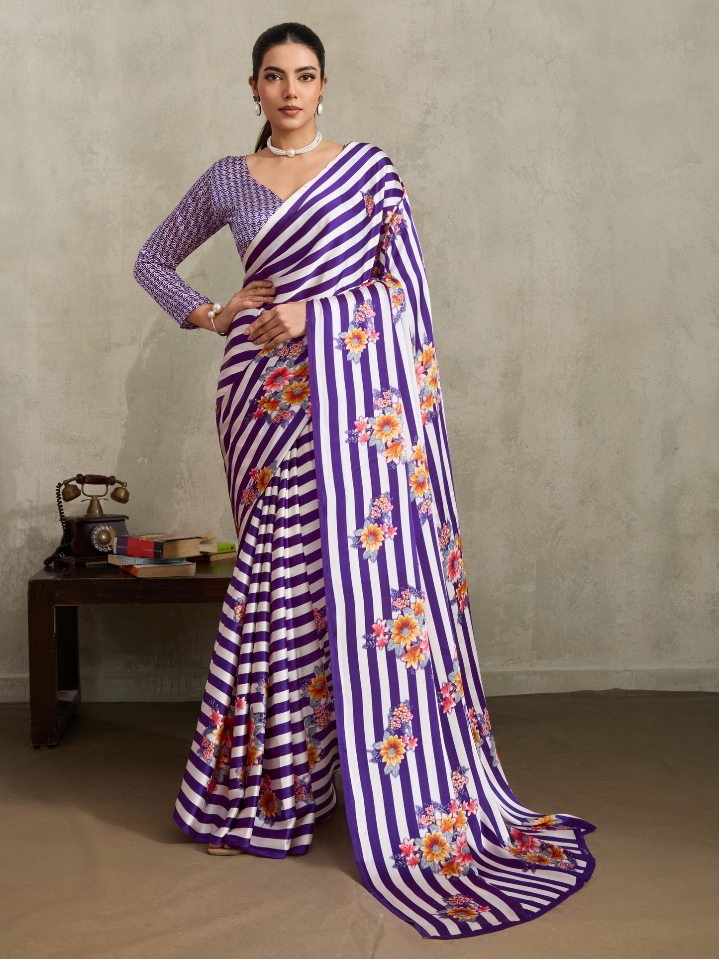 Deep Purple Printed Satin Silk Saree