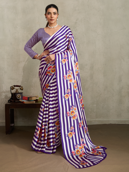 Deep Purple Printed Satin Silk Saree