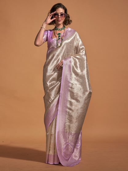 Glossy Tan and Lilac Woven Kanjivaram Silk Saree