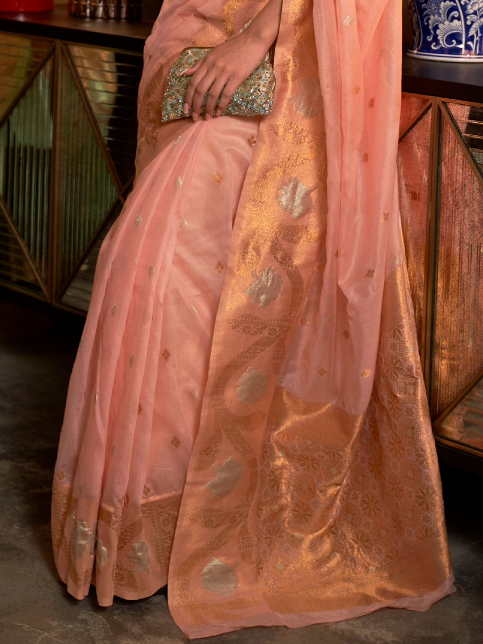 peach pink organza saree