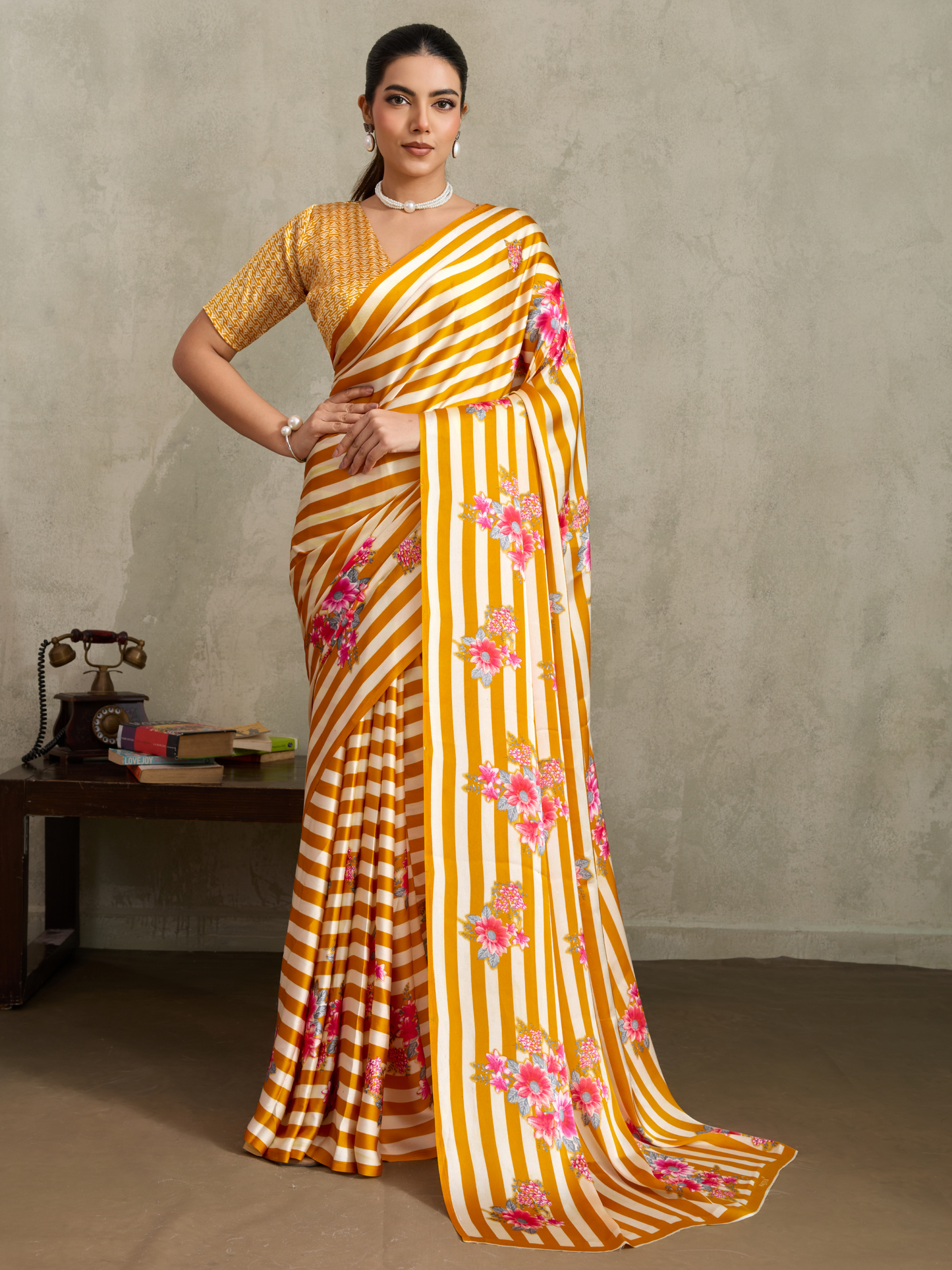 Sunglow Yellow Printed Satin Silk Saree