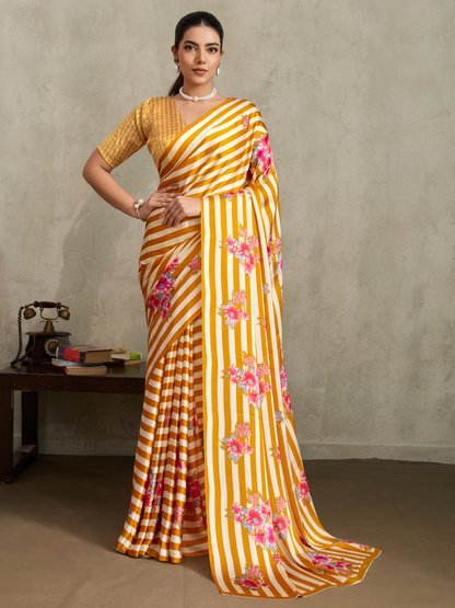 Sunglow Yellow Printed Satin Silk Saree