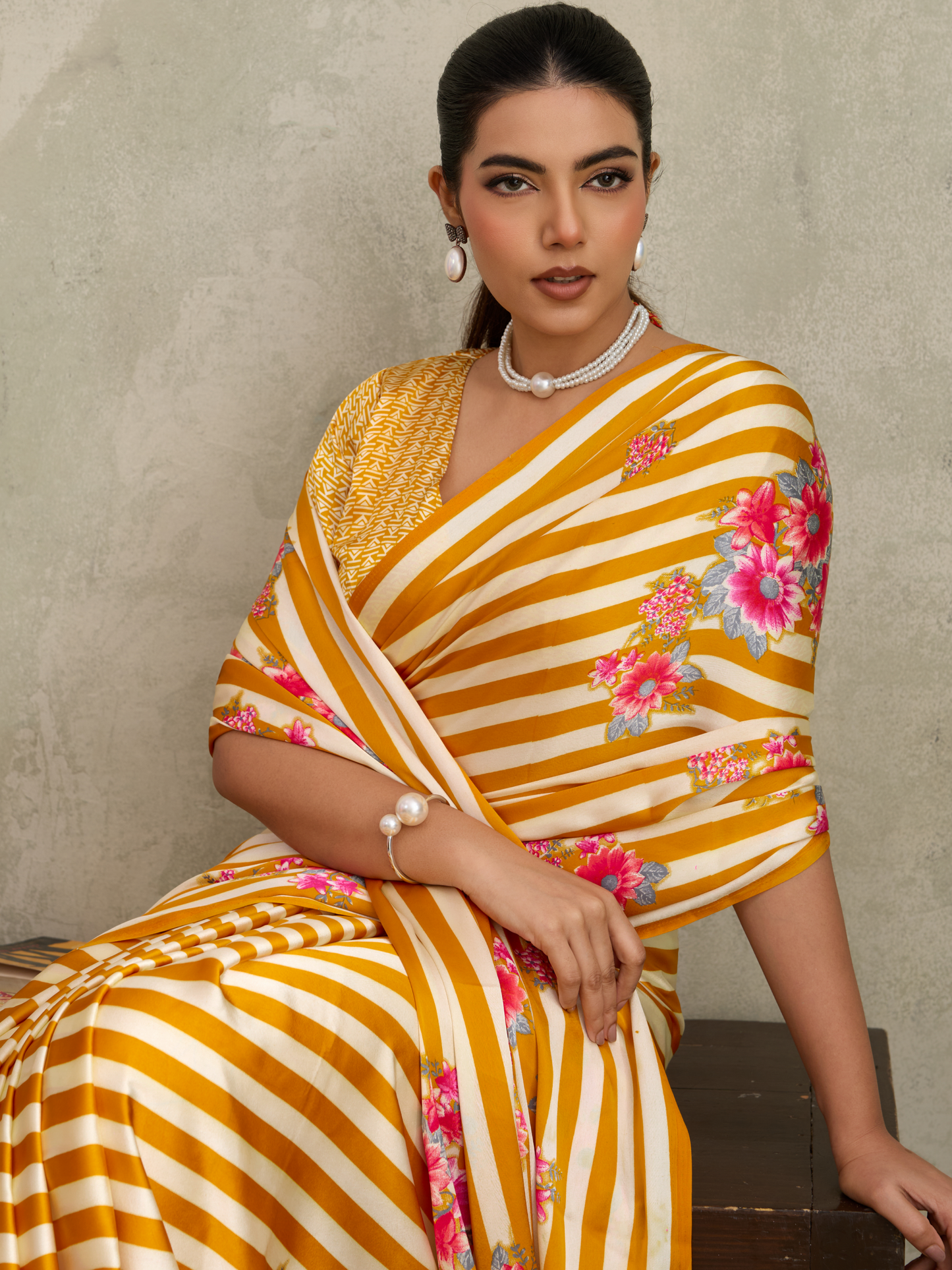 Sunglow Yellow Printed Satin Silk Saree