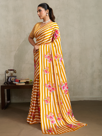 Sunglow Yellow Printed Satin Silk Saree