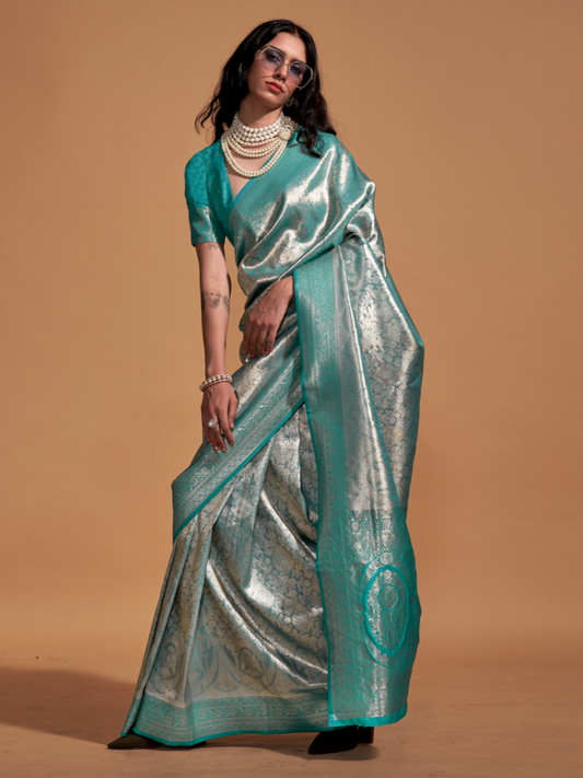 Sparkling Blue Woven Kanjivaram Silk Saree