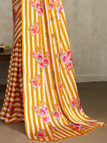 Sunglow Yellow Printed Satin Silk Saree