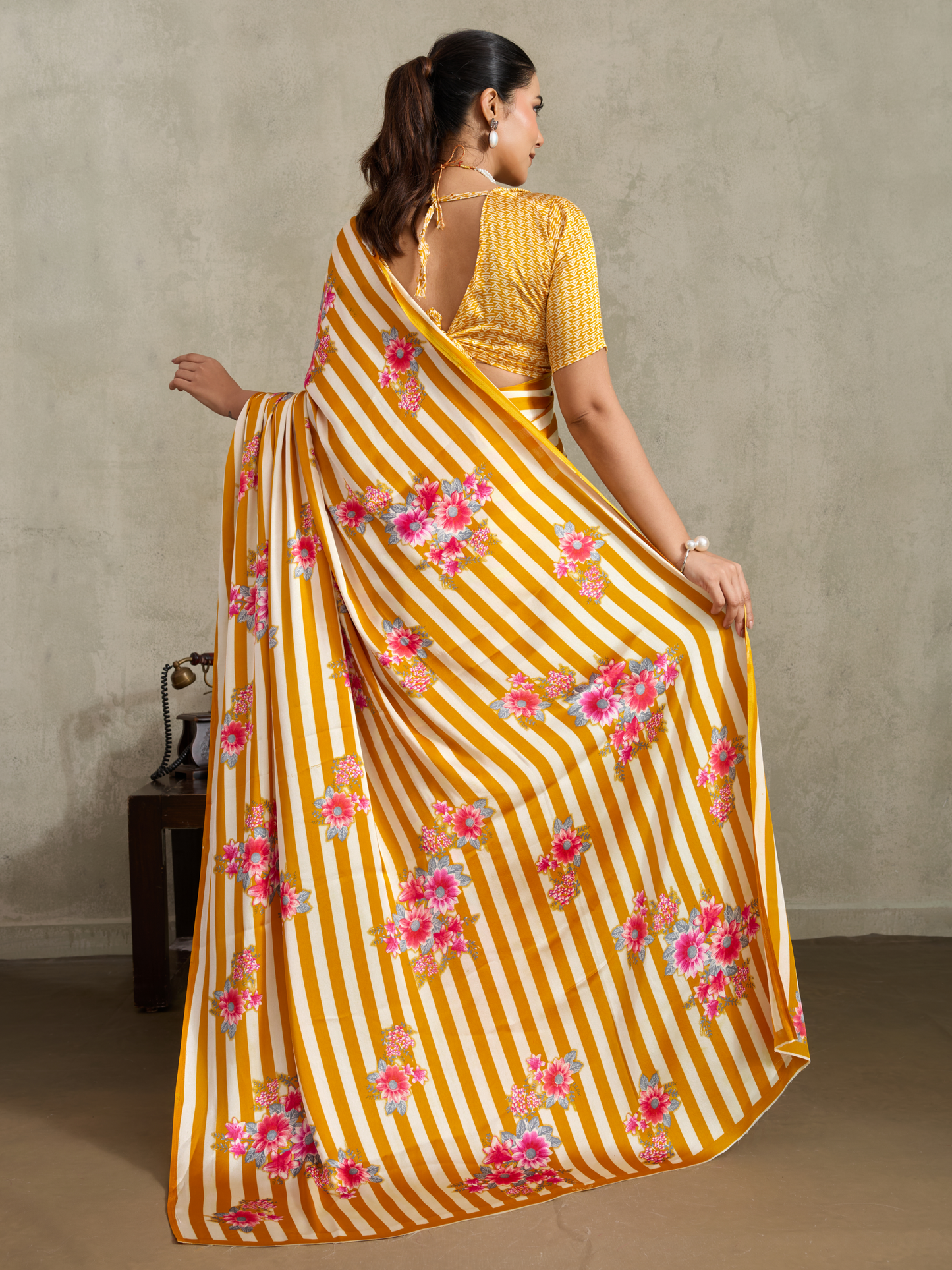 Sunglow Yellow Printed Satin Silk Saree