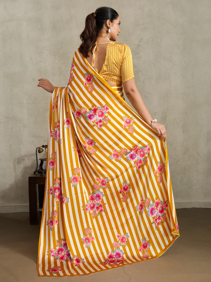 Sunglow Yellow Printed Satin Silk Saree