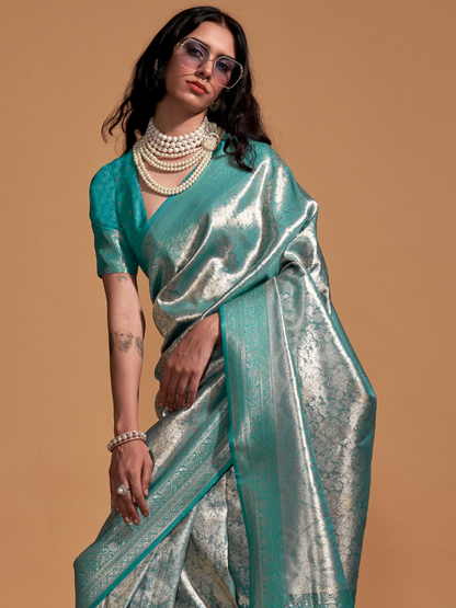 Sparkling Blue Woven Kanjivaram Silk Saree
