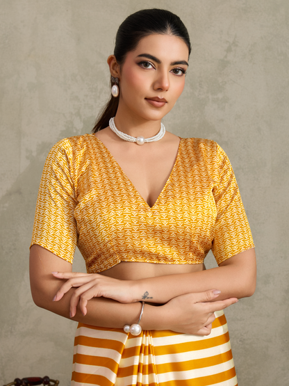 Sunglow Yellow Printed Satin Silk Saree