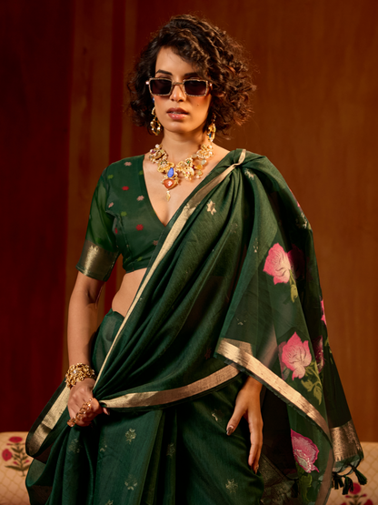 Midnight Green Spun cotton Weaving Saree