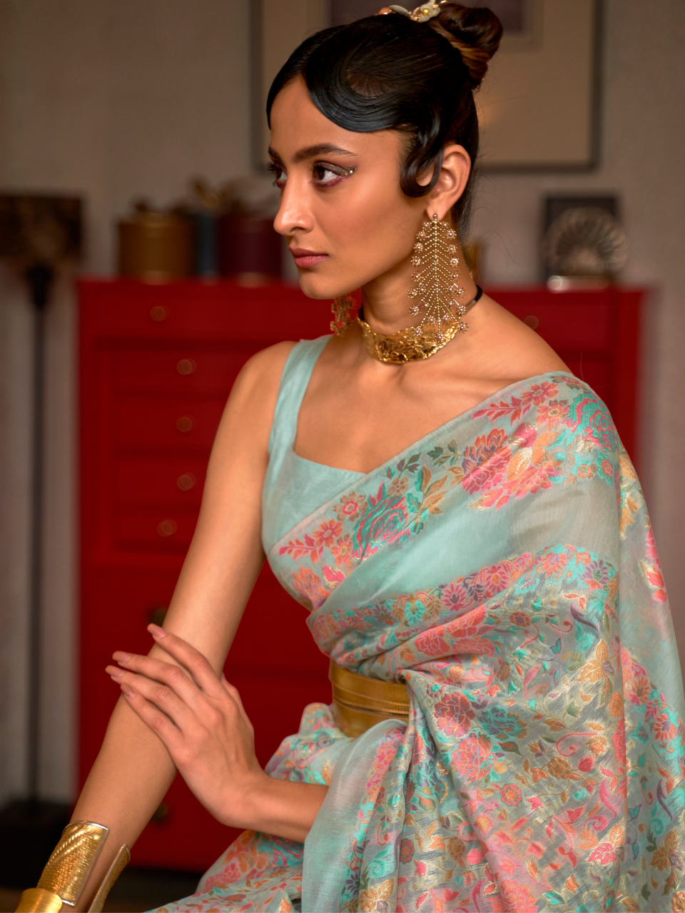 Tiffany Blue Woven Kashmiri Silk Saree