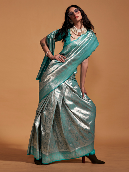 Sparkling Blue Woven Kanjivaram Silk Saree