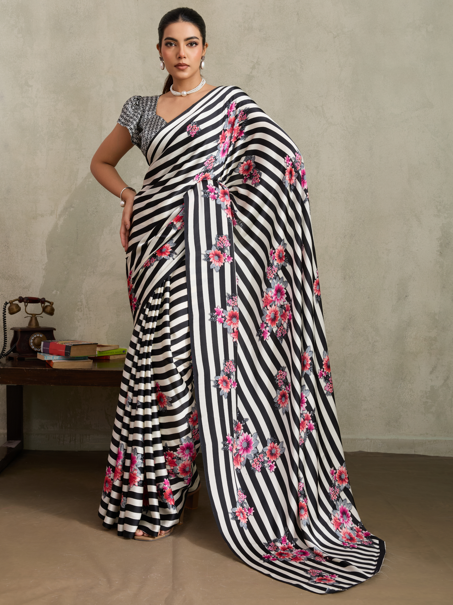 Jet Black Printed Satin Silk Saree