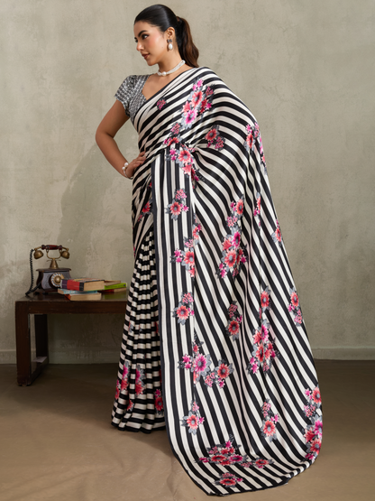 Jet Black Printed Satin Silk Saree