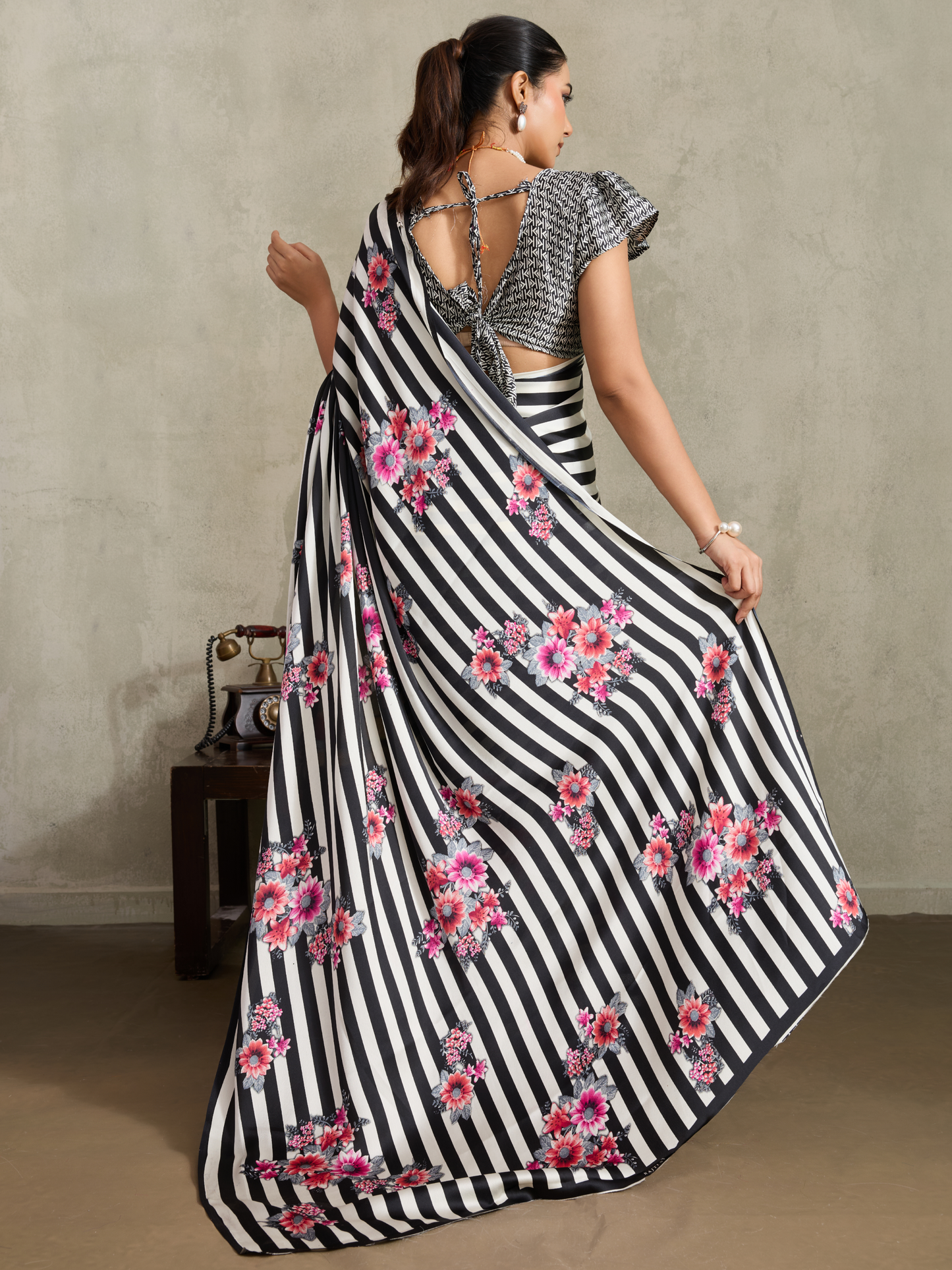 Jet Black Printed Satin Silk Saree