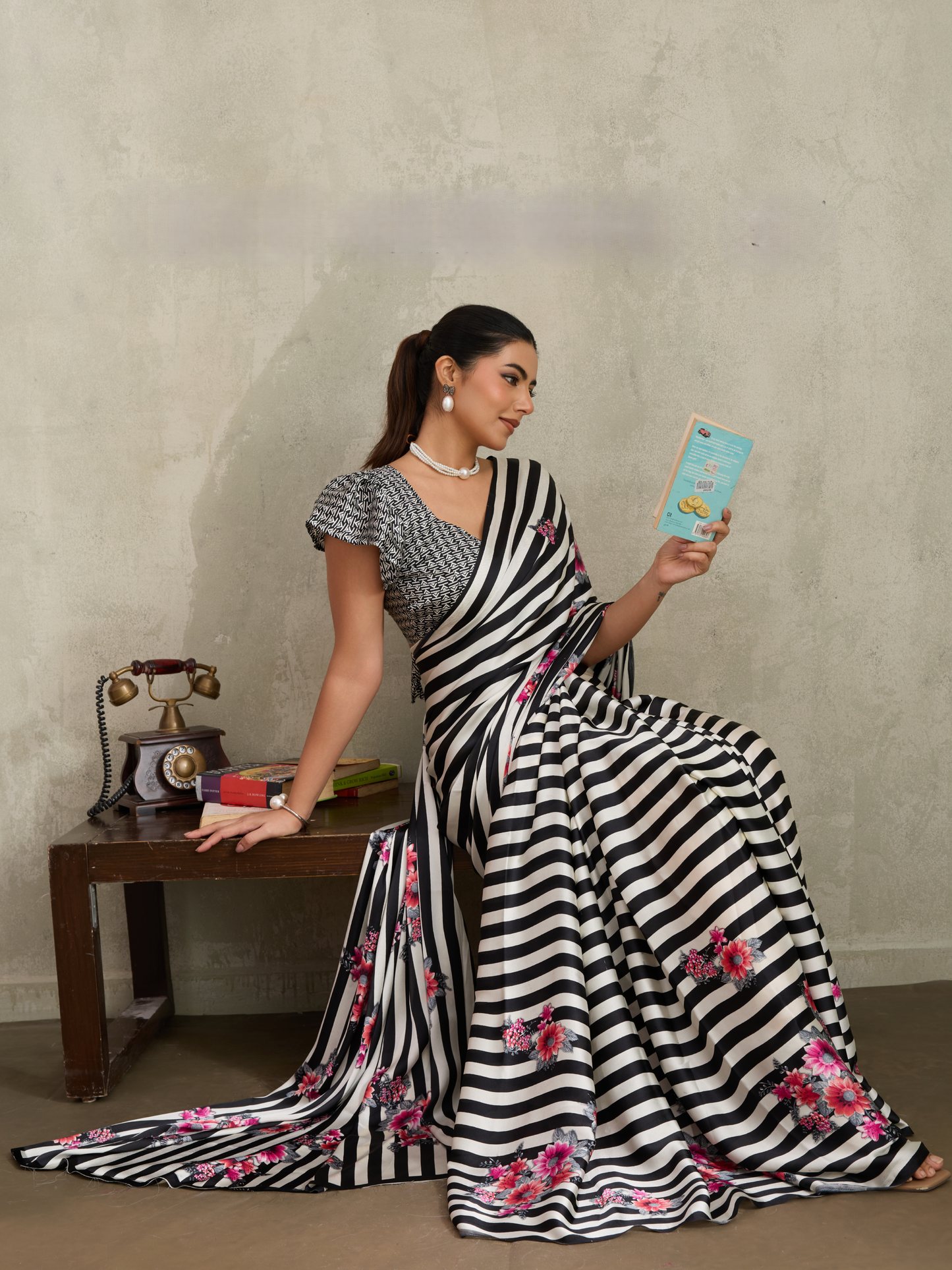 Jet Black Printed Satin Silk Saree