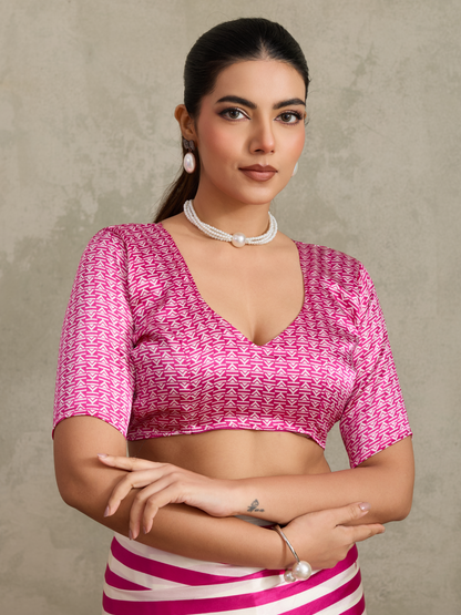Deep Pink Printed Satin Silk Saree