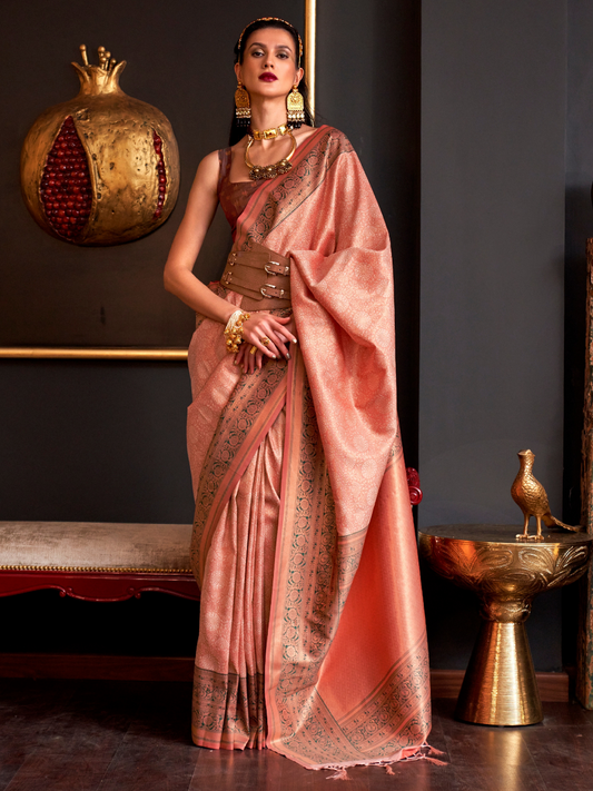 Festive Peach Woven Banarasi Silk Saree