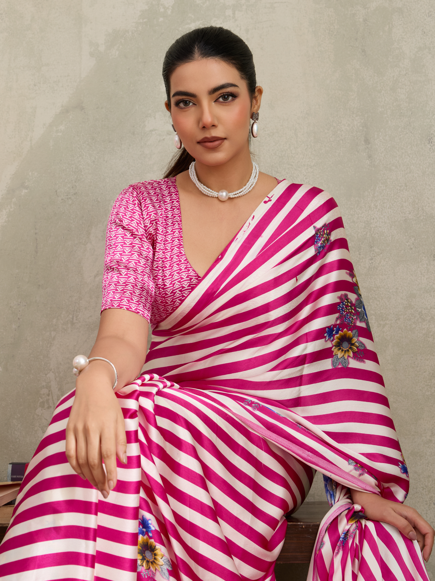 Deep Pink Printed Satin Silk Saree