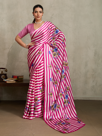 Deep Pink Printed Satin Silk Saree