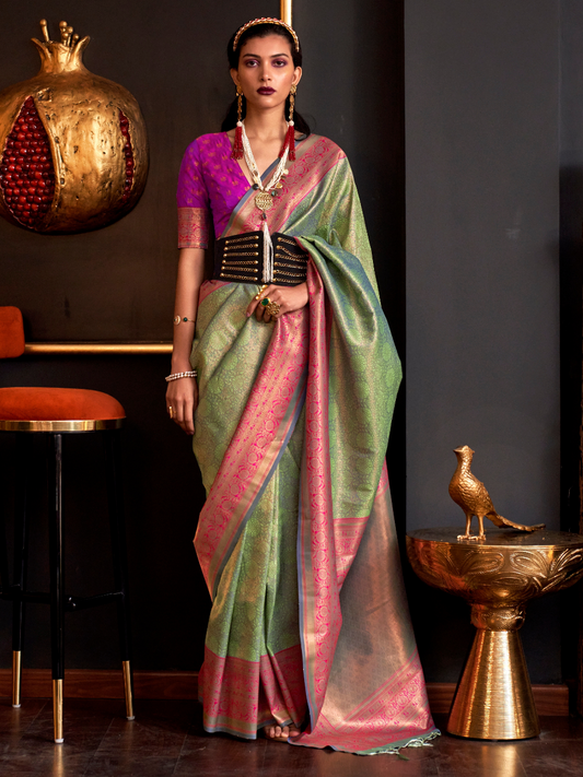 Duel Tone Green Woven Banarasi Silk Saree
