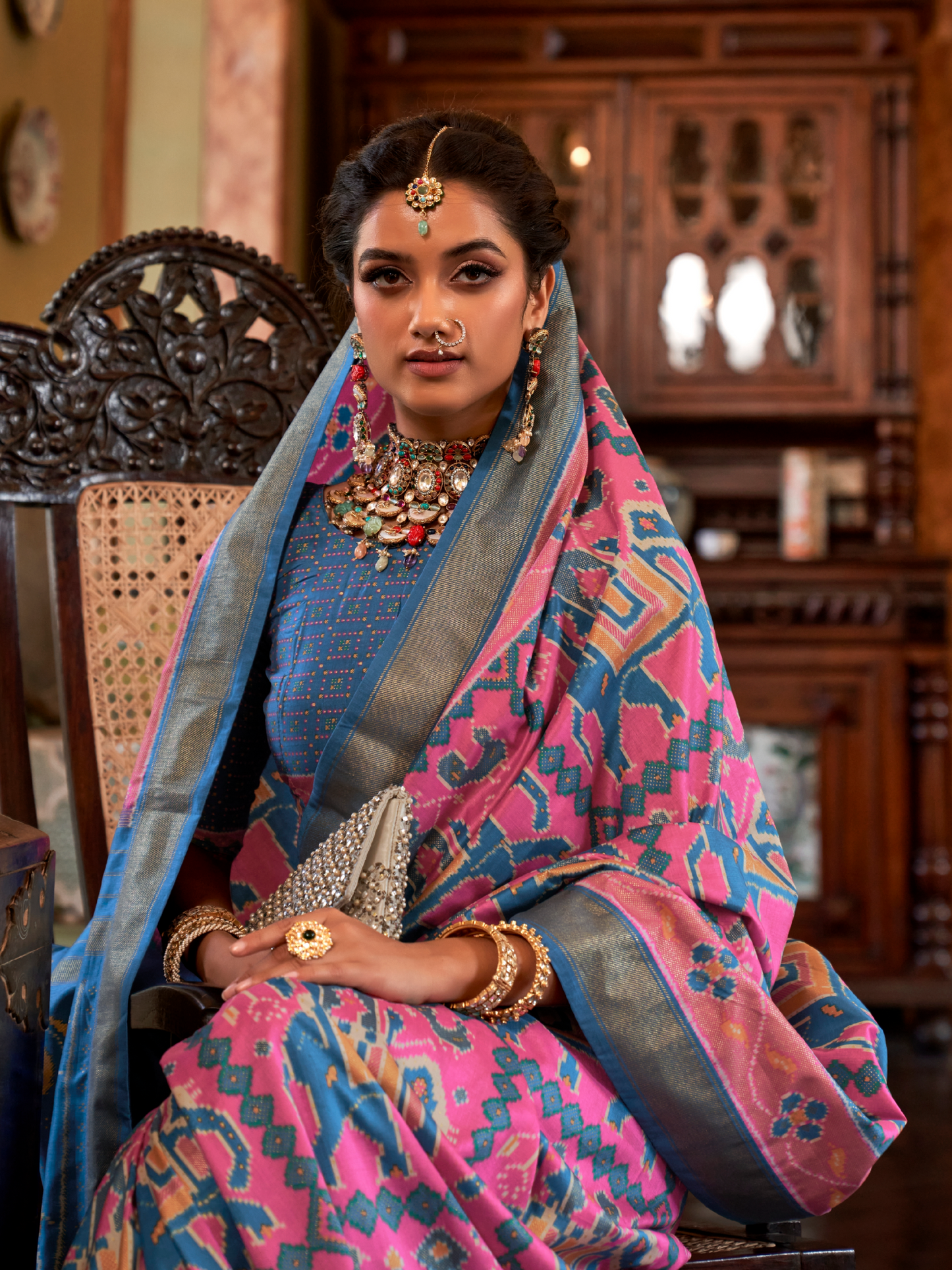 Bubblegum Pink Woven Patola Tussar Silk Saree