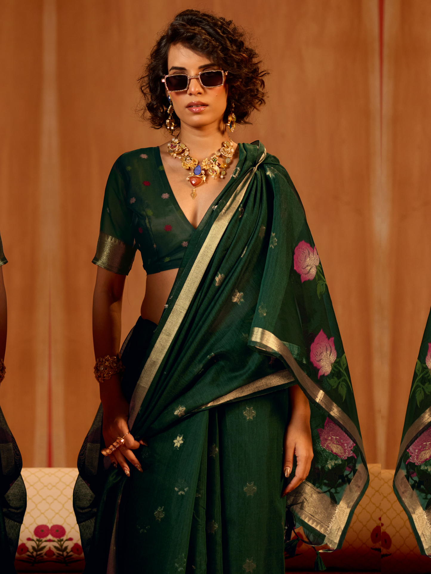 Midnight Green Spun cotton Weaving Saree