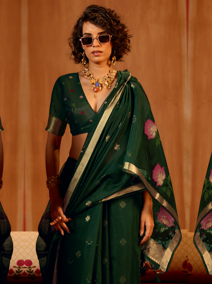 Midnight Green Spun cotton Weaving Saree