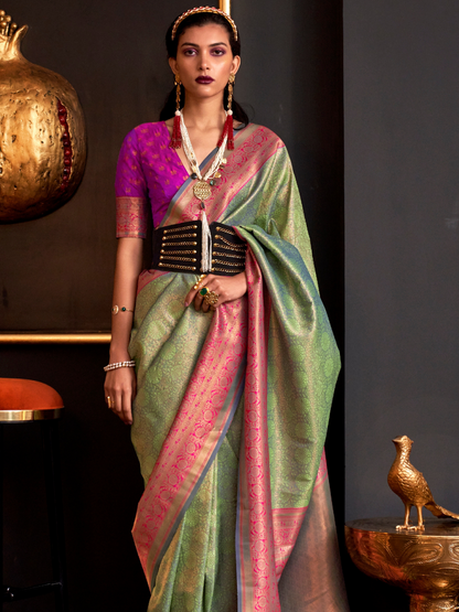 Duel Tone Green Woven Banarasi Silk Saree