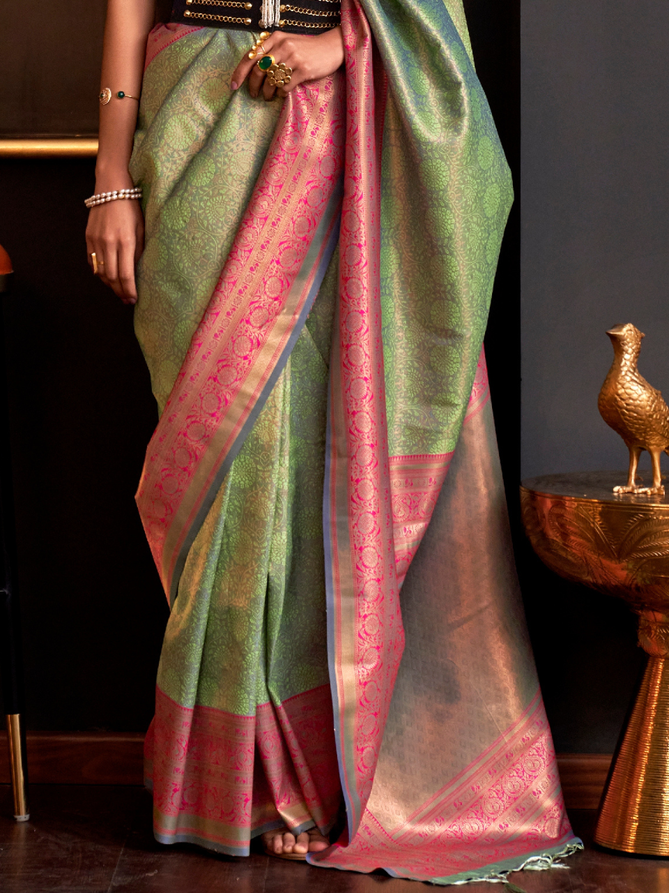 Duel Tone Green Woven Banarasi Silk Saree