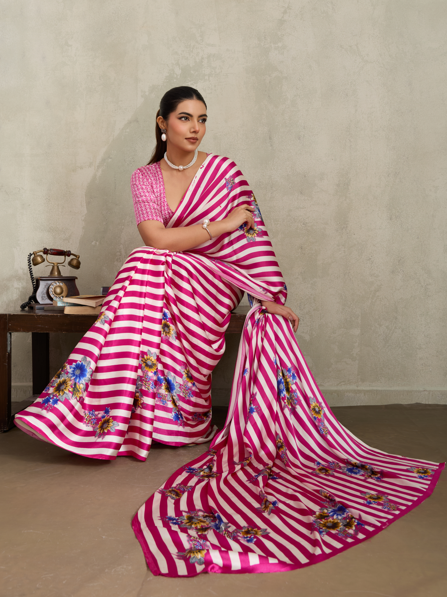 Deep Pink Printed Satin Silk Saree