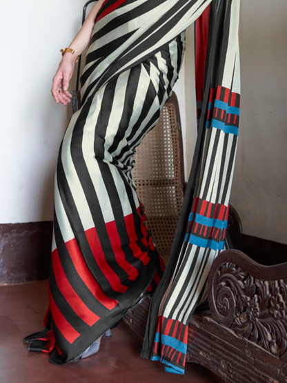 White Red Stripped Printed Satin Silk Saree