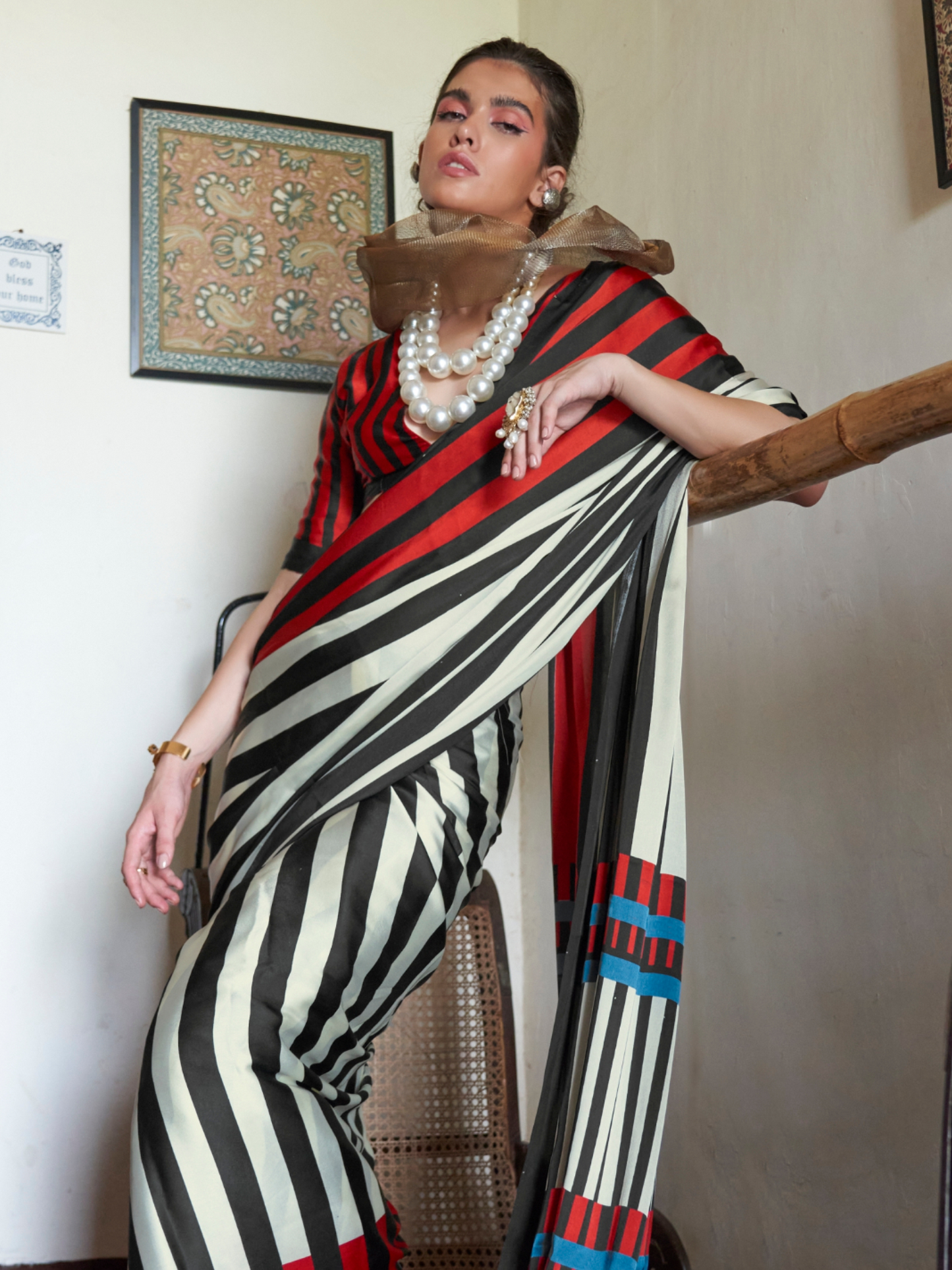 White Red Stripped Printed Satin Silk Saree