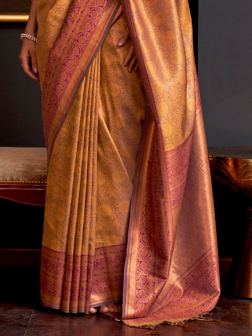 Amber Gold Woven Banarasi Silk Saree