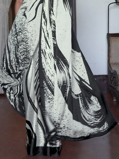 Black & White Printed Satin Silk Saree