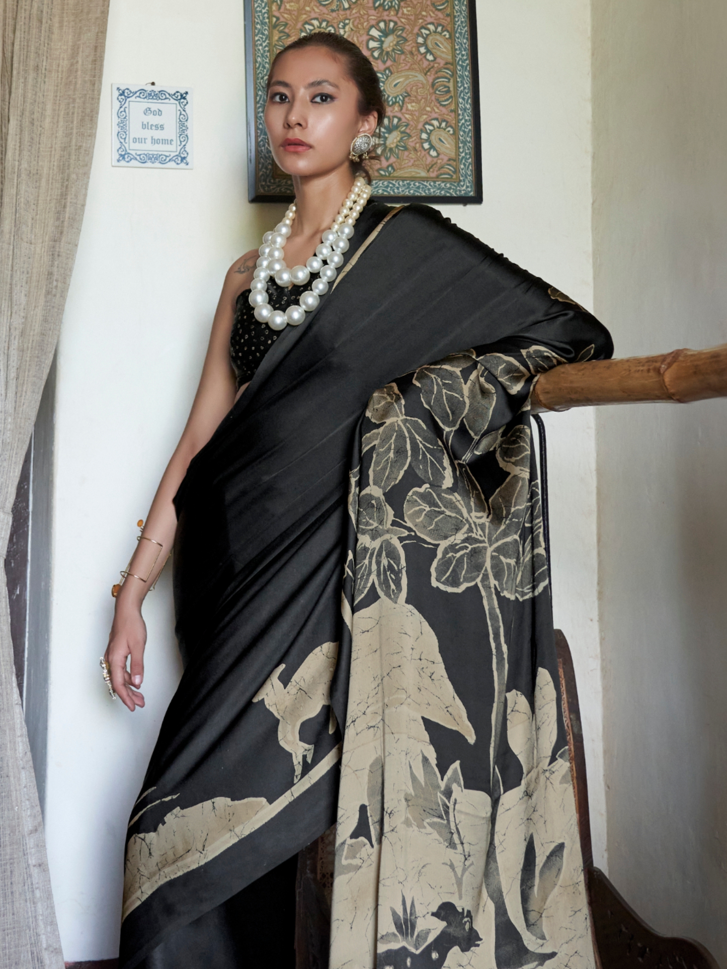 Grayish Black Printed Satin Silk Saree