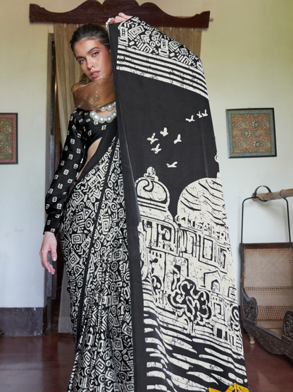 Unique Black & White Printed Satin Silk Saree